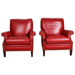 Vintage Pair of Red French Club Leather Lounge Armchairs