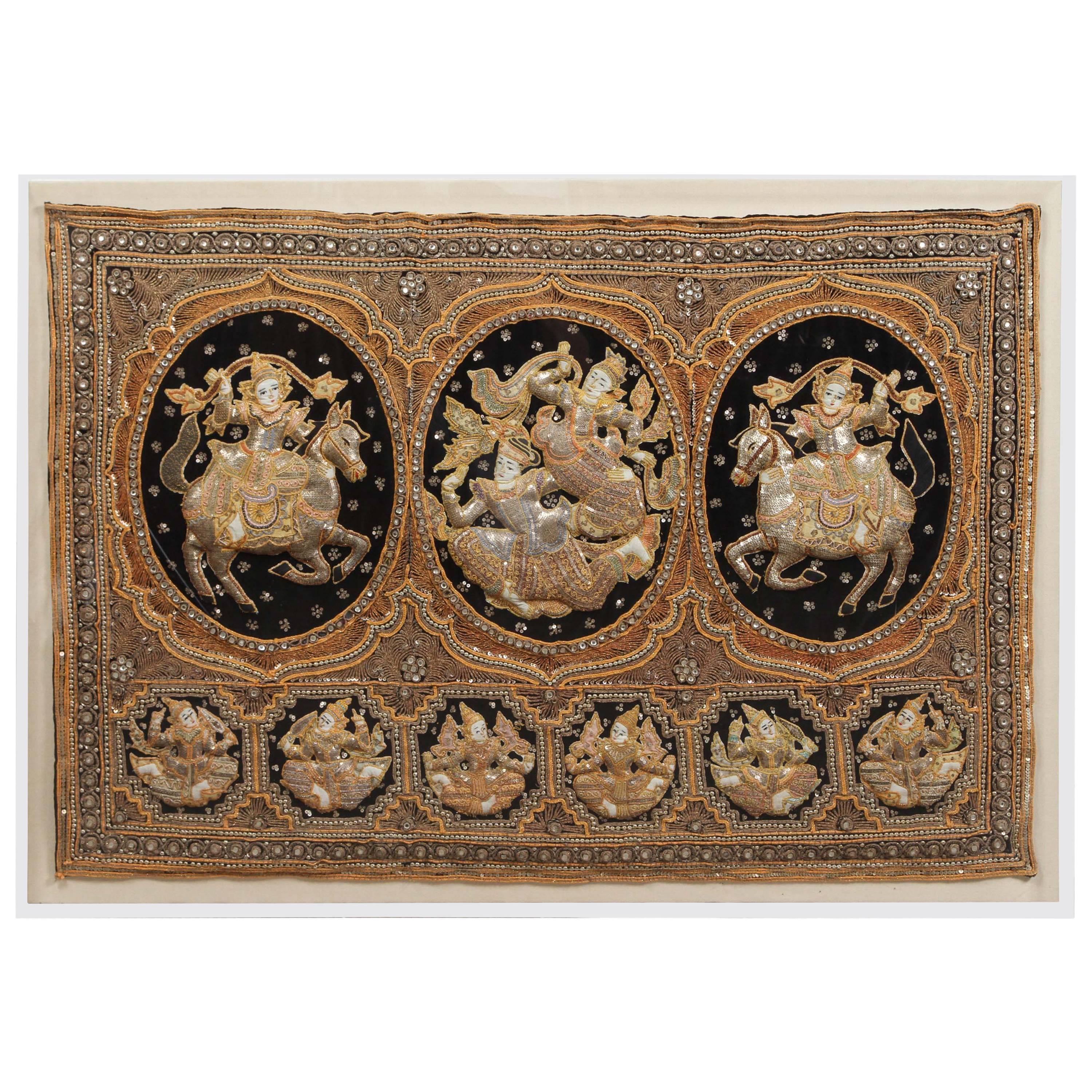Asian Burmese Kalaga Tapestry Framed in Acrylic Box