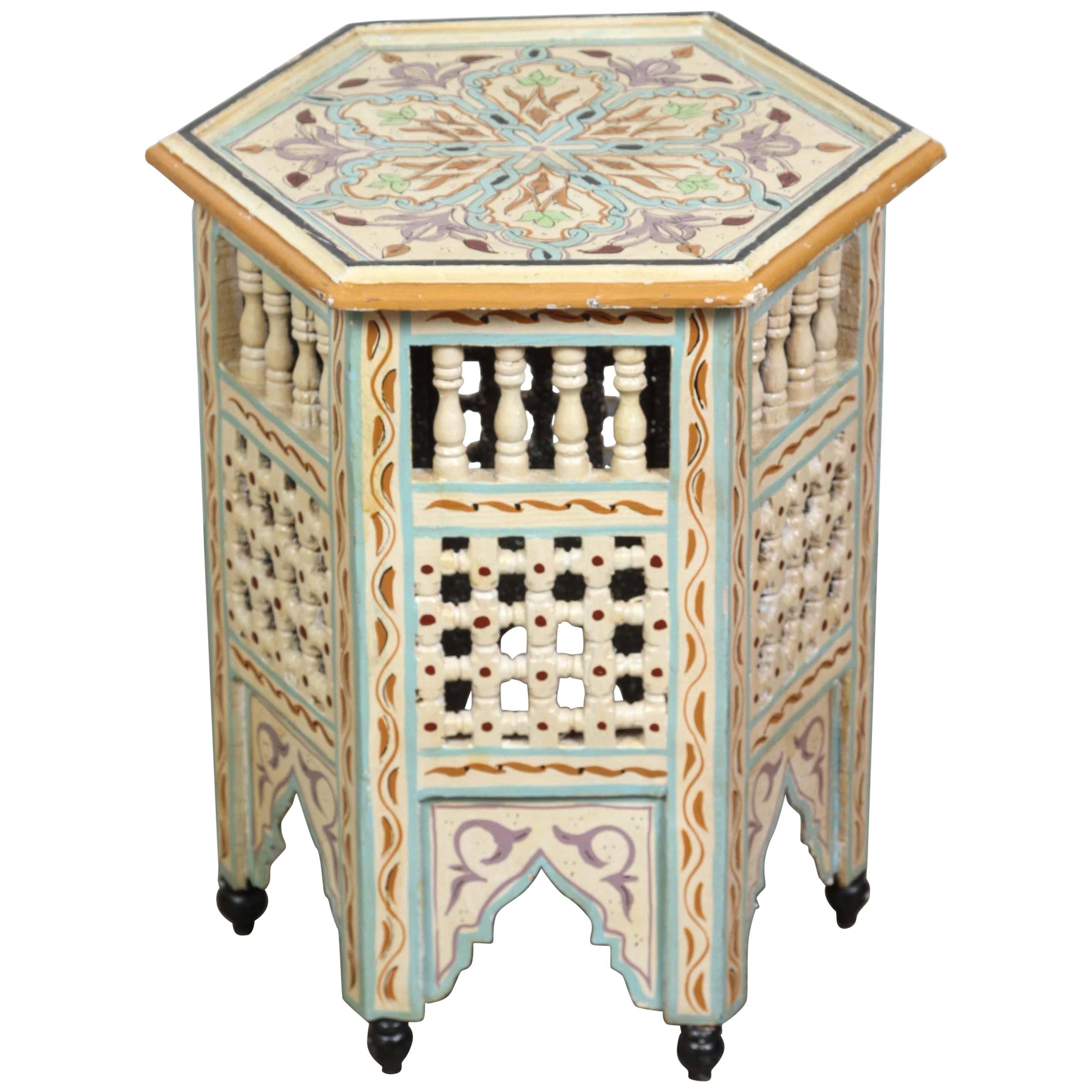 Moroccan Side Table Hand-Painted in Ivory and Blue Colors