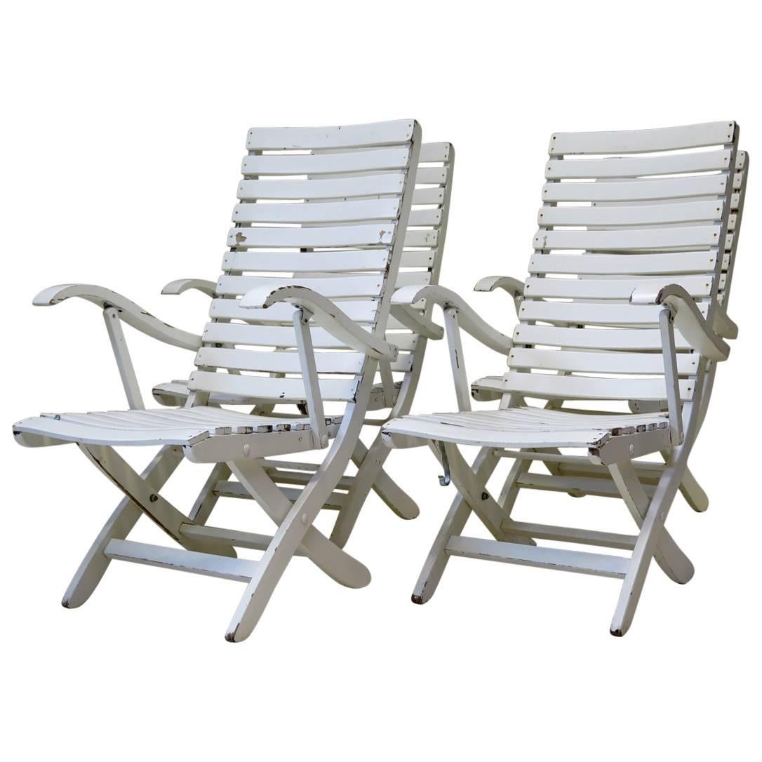 Set of Four Folding Wooden Deck Chairs, France, circa 1950s