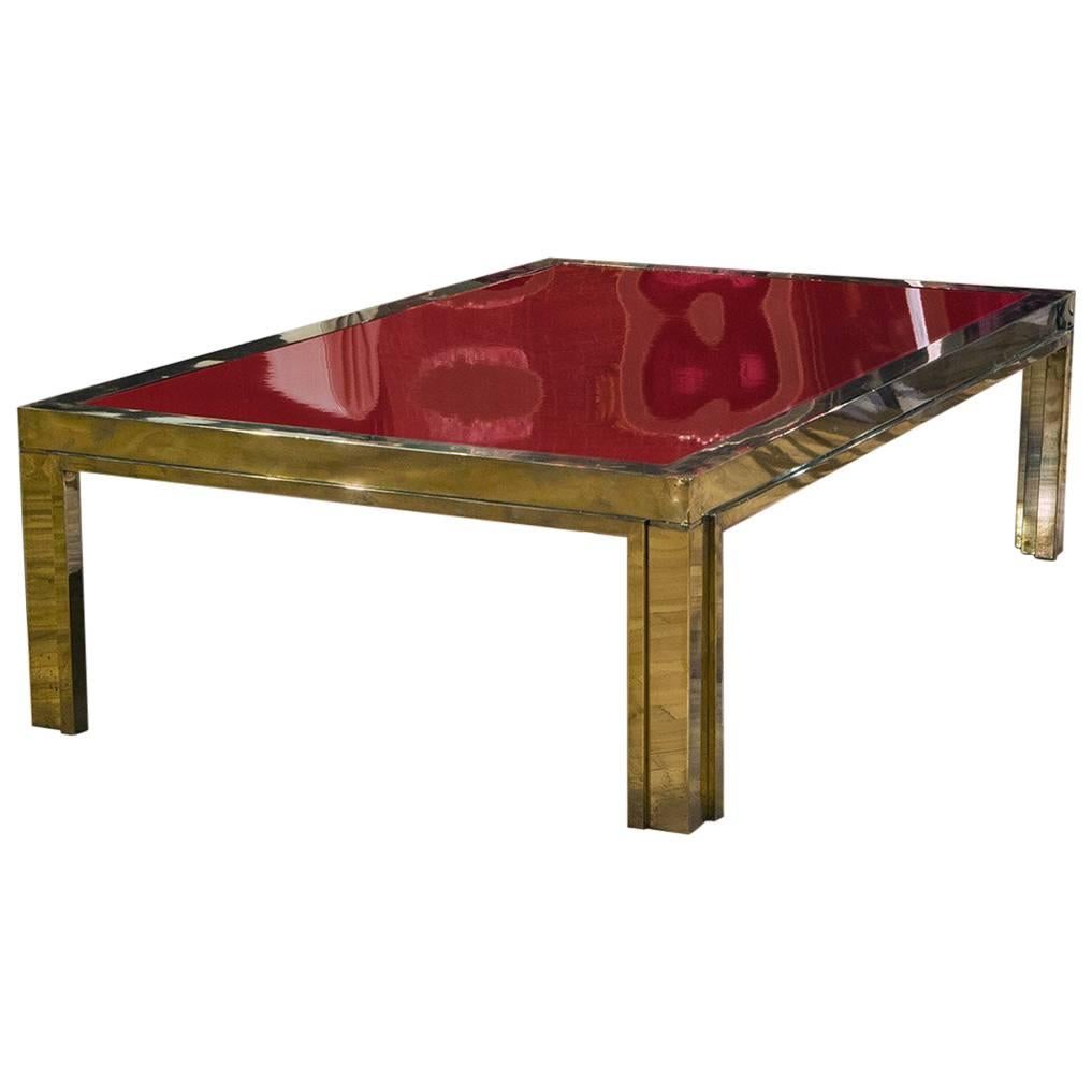 Italian Brass and Red Lacquered Low Table For Sale