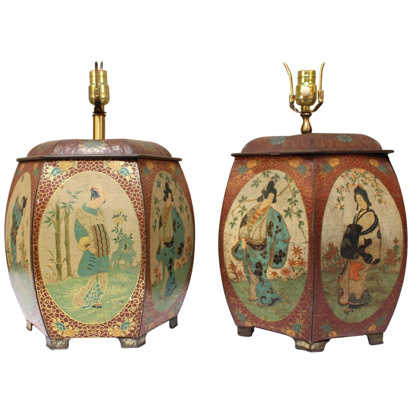 Pair of Chinese Painted Tin Tea Containers, Mounted as Lamps