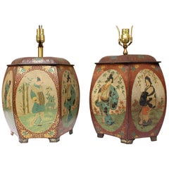 Antique Pair of Chinese Painted Tin Tea Containers, Mounted as Lamps