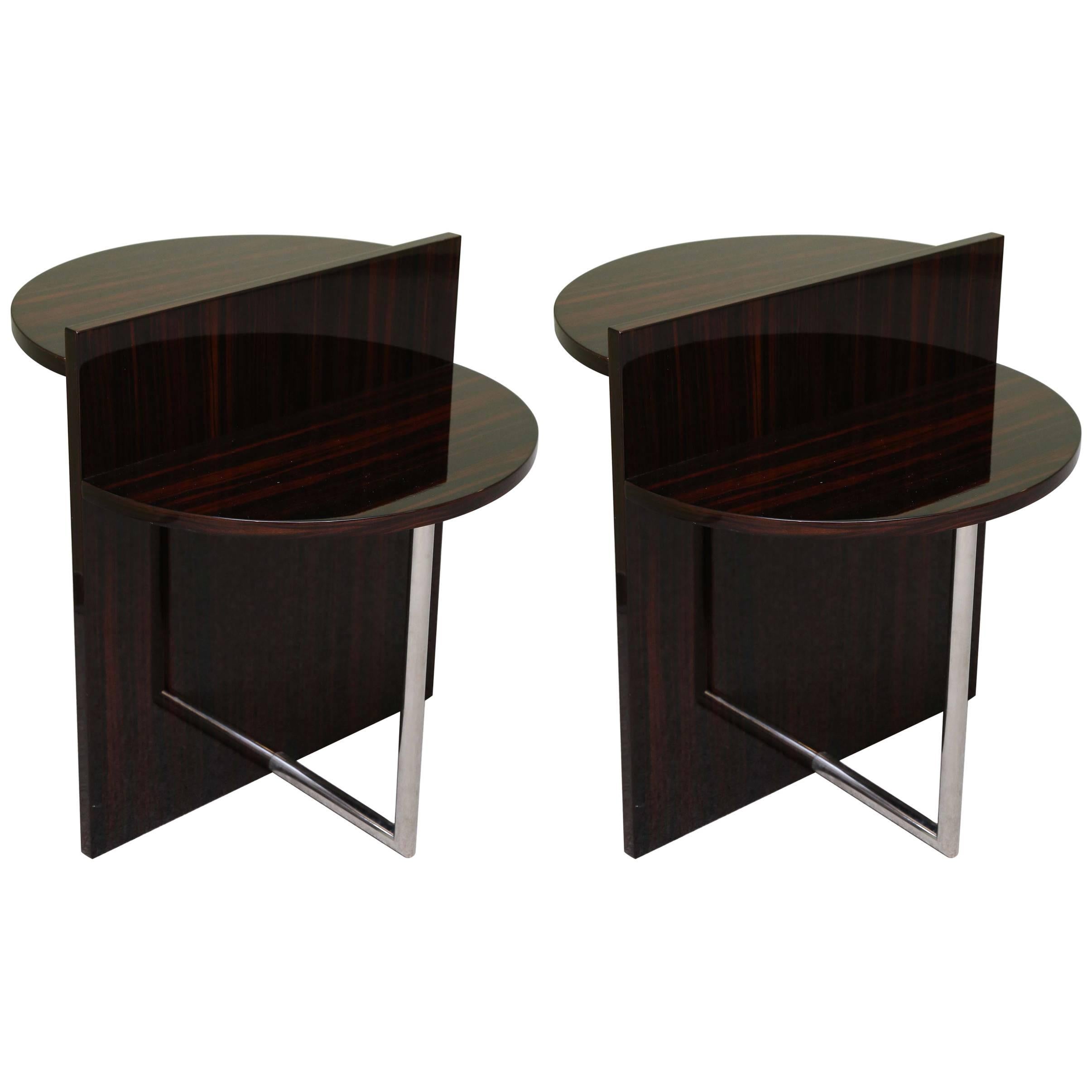 Pair of French Art Deco Walnut and Chrome Side Tables