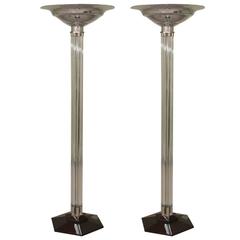 Pair of Art Deco French Glass and Chrome Floor Lamps