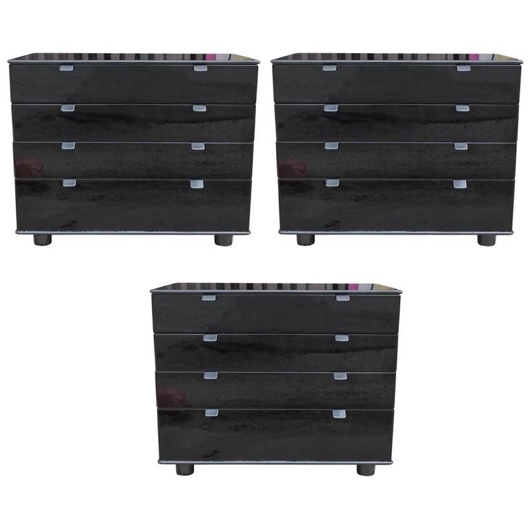 Black Lacquer Set of Three Modern Chests with Leather Handles For Sale at 1stdibs