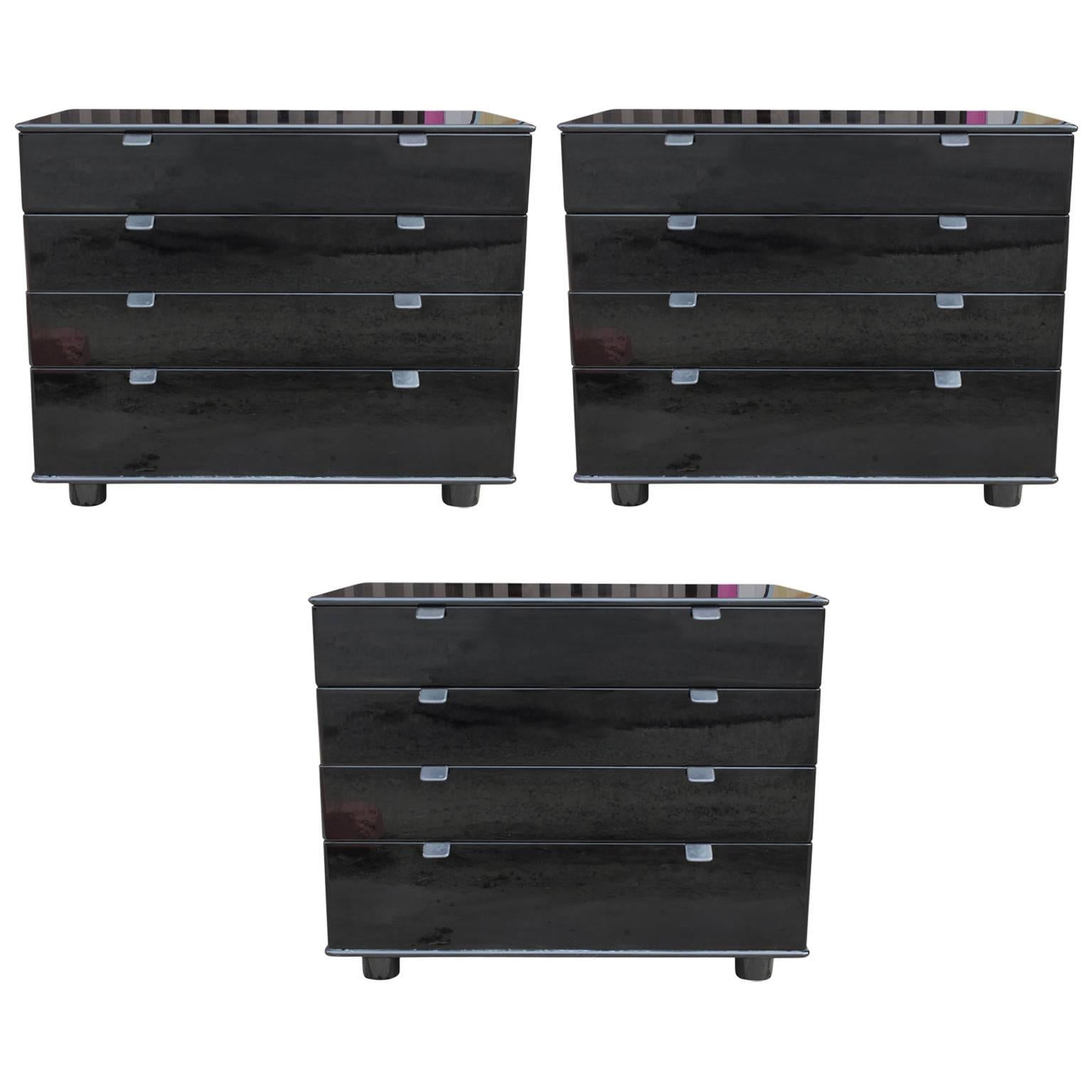 PAIR of Black Lacquer Modern Chests with Leather Handles