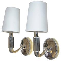 Pair of French Deco Ruhlmann Style Lotus Sconces in Nickel Finish