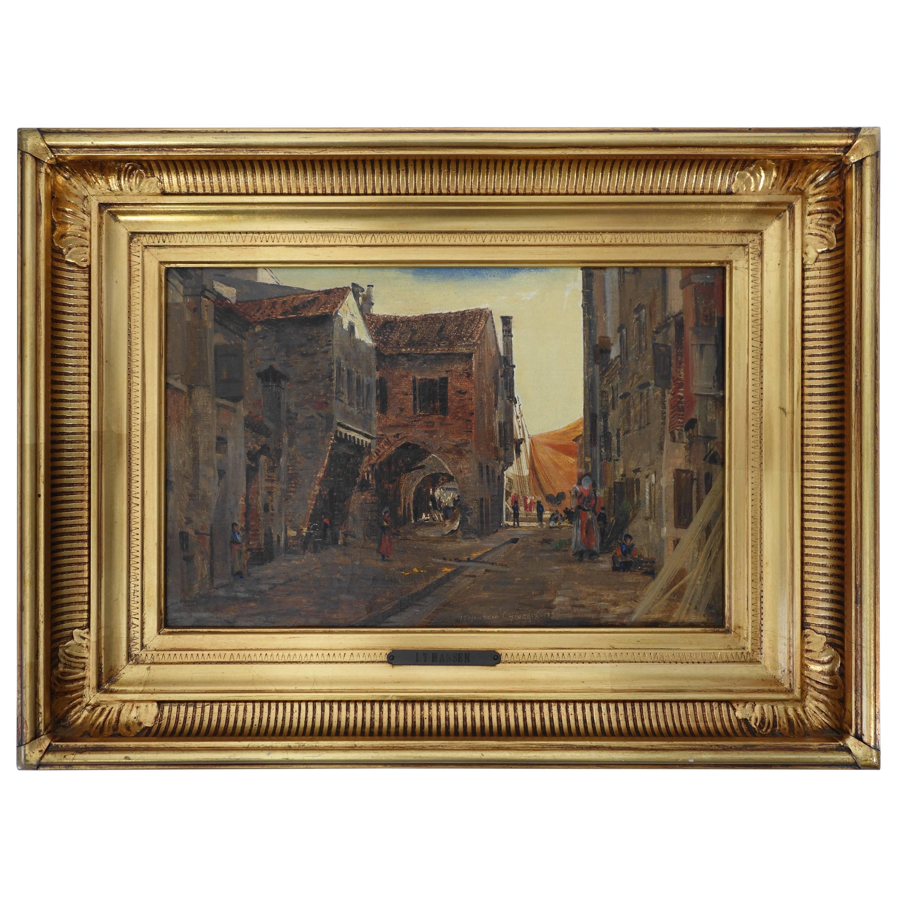 I.T. Hansen, Oil Painting, Street in Chioggia by Venice, Italy, 1889