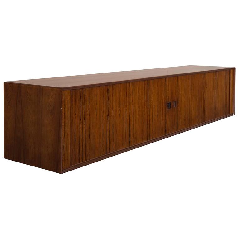 Large Scandinavian WallMounted Rosewood Credenza with Tambour Doors at