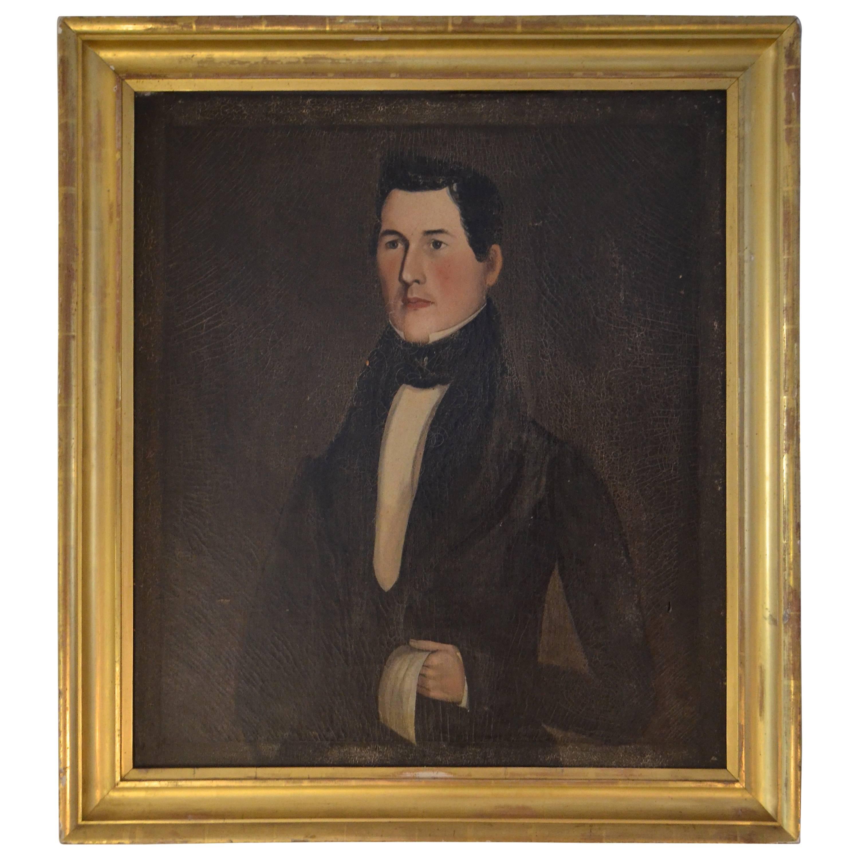 Early 19th Century New England Folk Art Portrait of a Handsome Young Man For Sale