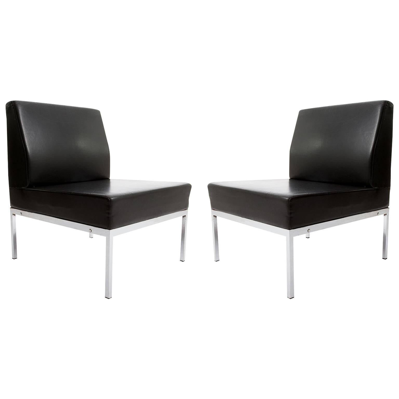 Pair of Lounge Chairs, Black Leather Chrome, Attributed to Thonet, 1970 For Sale