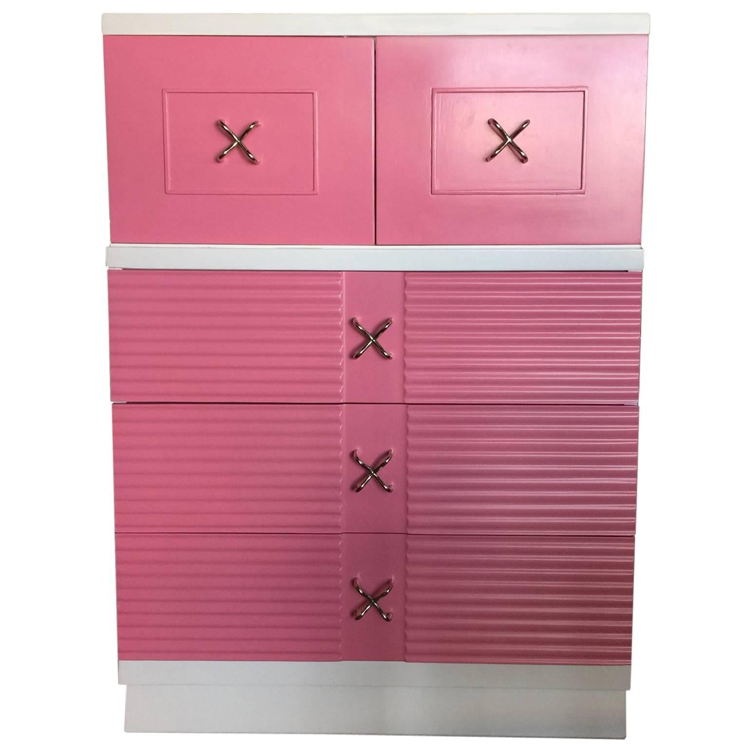 Mid-Century Pink and White Tall Chest of Drawers Dresser by Martinsville For Sale