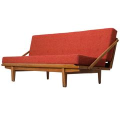 Used Scandinavian Sofa Bed in Oak and Multicolored Orange Upholstery