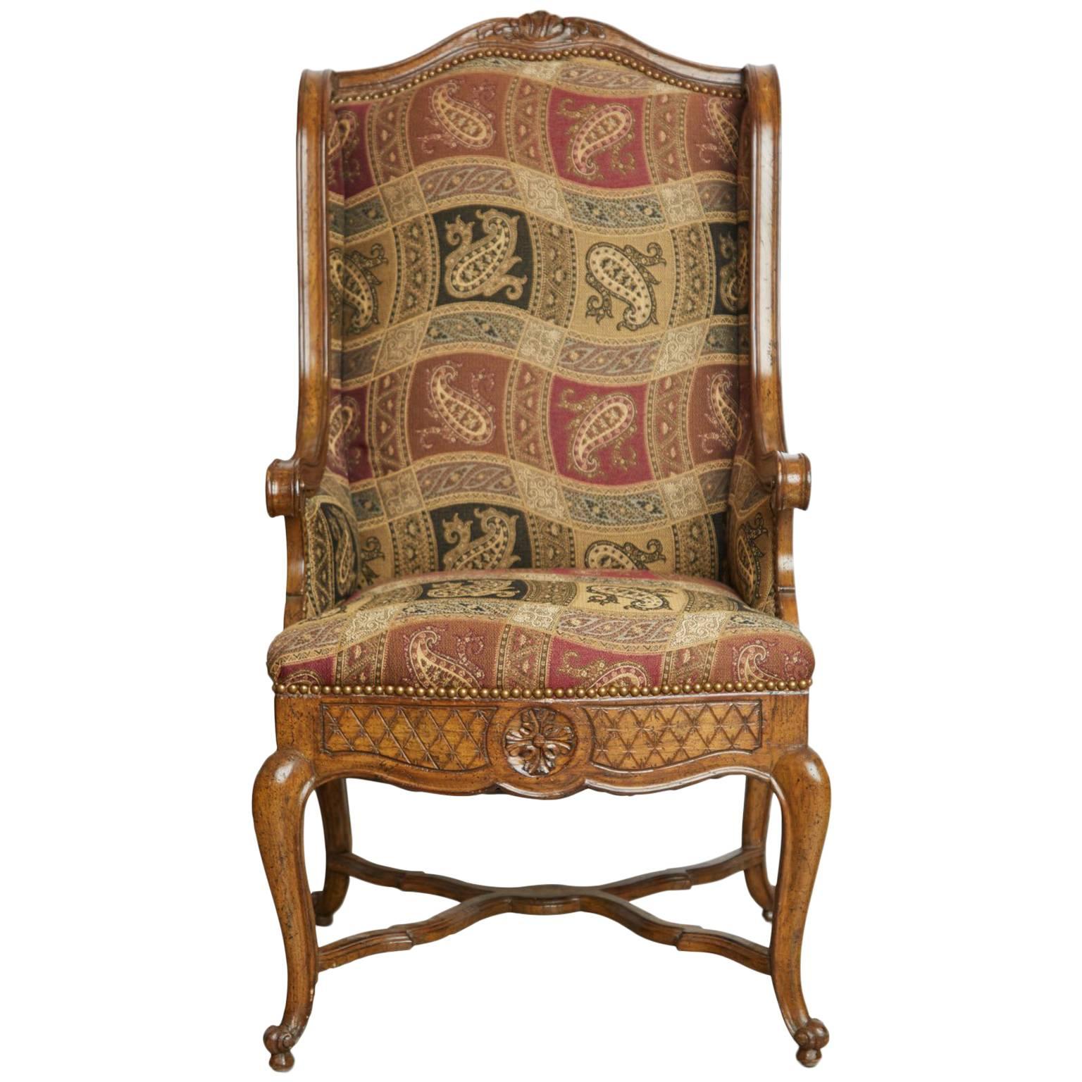 French Louis XVI Style Carved Oak Wingback Chair, circa 1900
