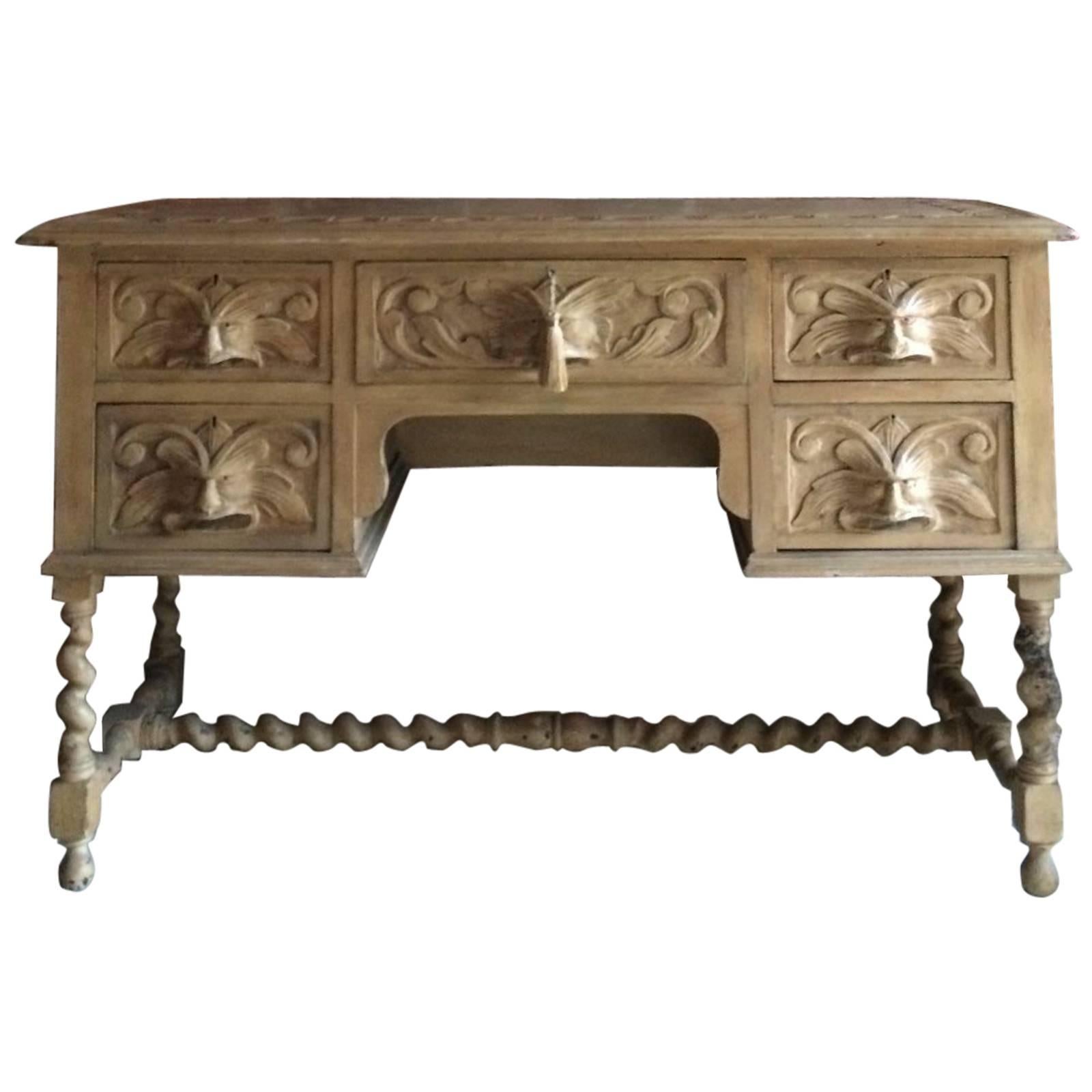 Antique Desk Gothic Green Man Oak French Painted Victorian, 19th Century