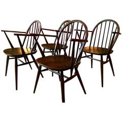 Vintage Ercol Dining Chairs Elm Danish Hooped Back Elbow Windsor Set of Four