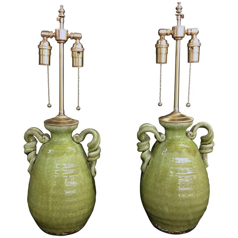 Unusual Pair Of Apple Green Le Glazed Urns With Lamp Unusual Pair Of Apple Green Le Glazed Urns With Lamp For
