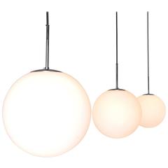 Set of Three Pendants with White Opaline Glass Spheres Vintage Set of Three Pendants with White Opaline Glass Spheres