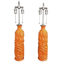 Pair of Unusual Tangerine Glazed Vases with Lamp Application