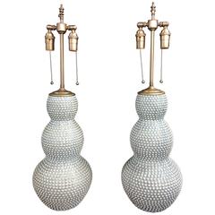 Pair of Unusual, Tall Powder Blue Triple Gourd Vases with Lamp Application