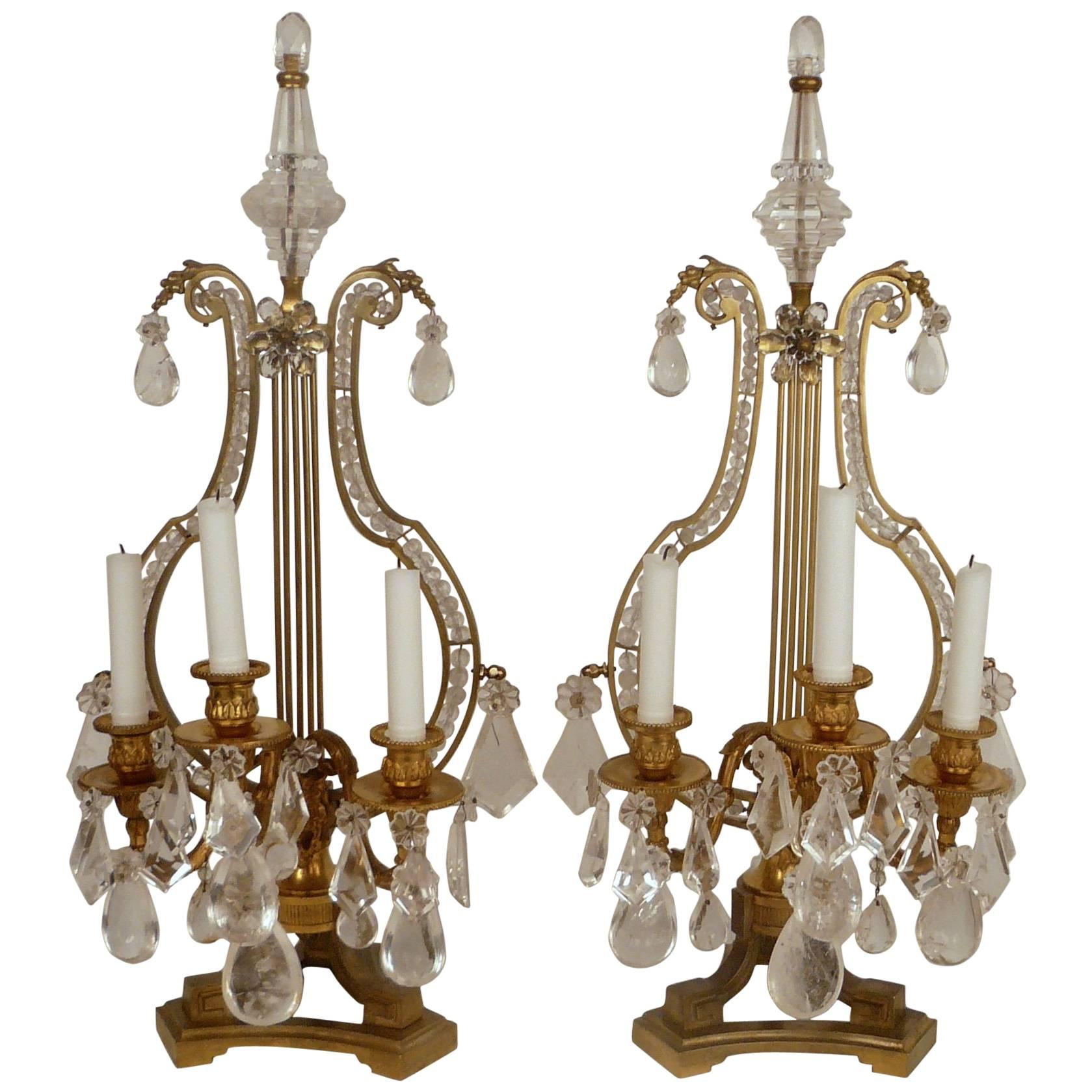 Pair of 19th Century, Louis XVI Style Gilt Bronze and Rock Crystal Candelabra