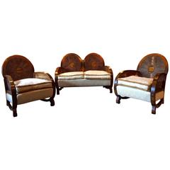 Vintage Art Deco Sofa Suite Settee Armchairs Walnut, circa 1930s Bergère