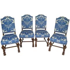 1920s Dining Chairs with Blue and White Stroheim Damask Linen, Set of Four