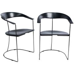 Pair Italian Modern Black Leather Armchairs by Arrben 