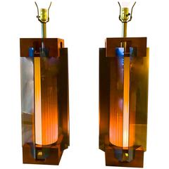 Architectural Pair of Mid-Century Modern Smoked Lucite, Walnut and Brass Lamp