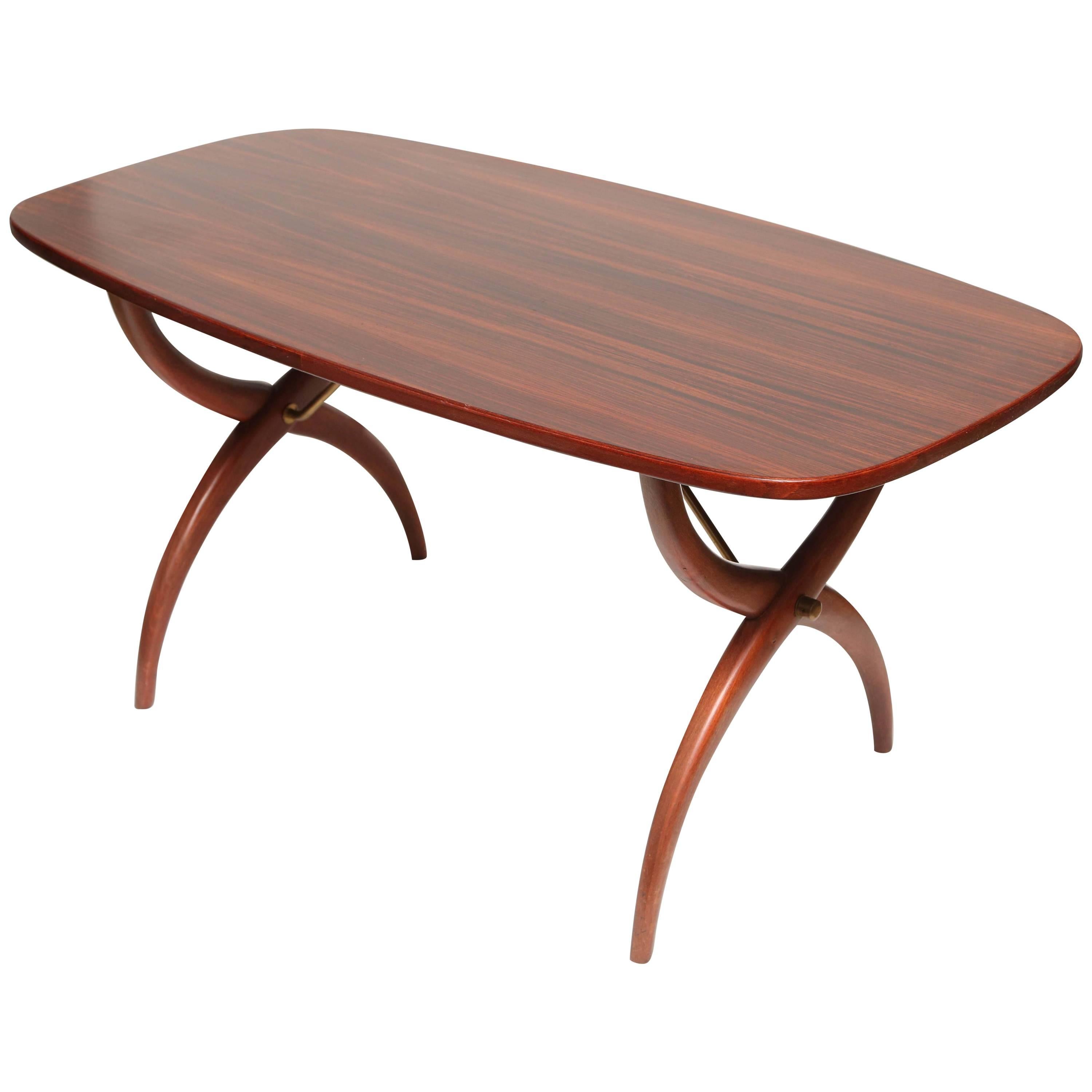 Rosewood & Brass Curved Leg Coffee Table by Yngve Ekström for Westbergs, Sweden For Sale