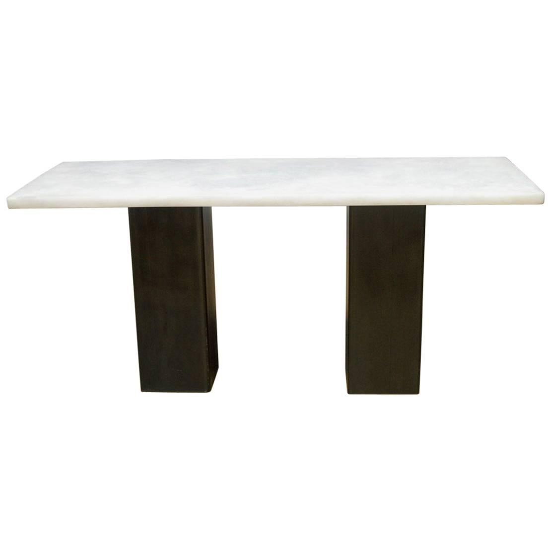Modern Faux Marble and Steel Double Pedestal Console For Sale