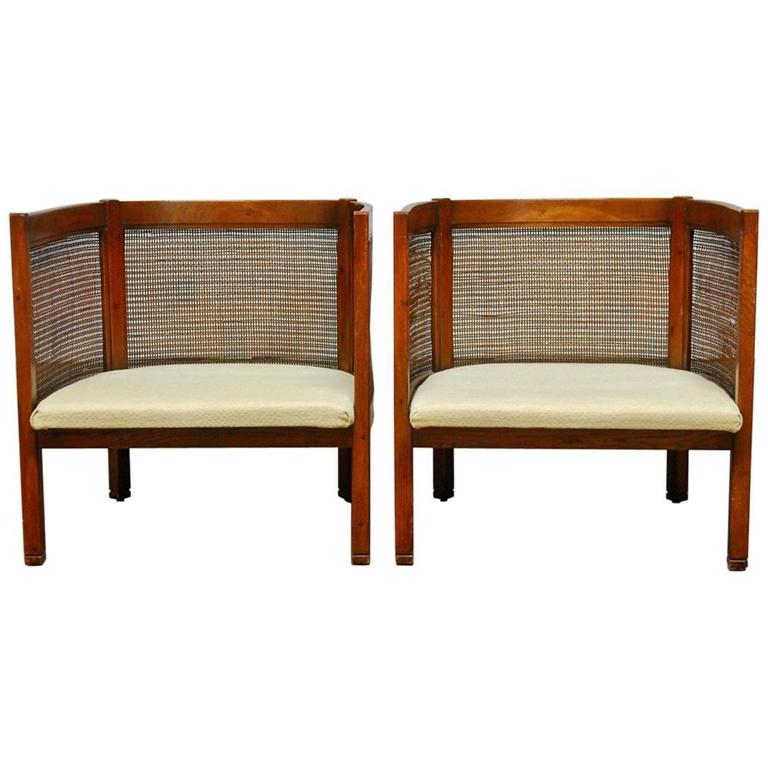 Pair Of Mid Century Cane Barrel Back Tub Chairs At 1stdibs