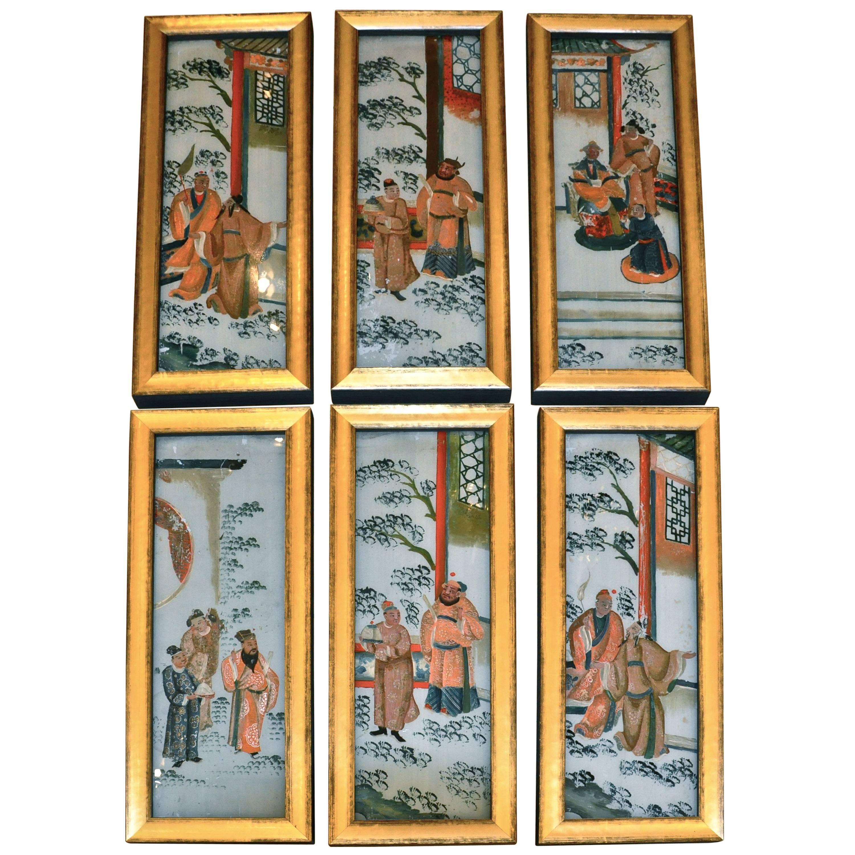 Set of Six Early 20th Century Chinese Reverse Painting on Glass Paintings