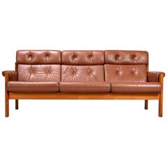 Ekornes Tufted Leather and Teak Sofa