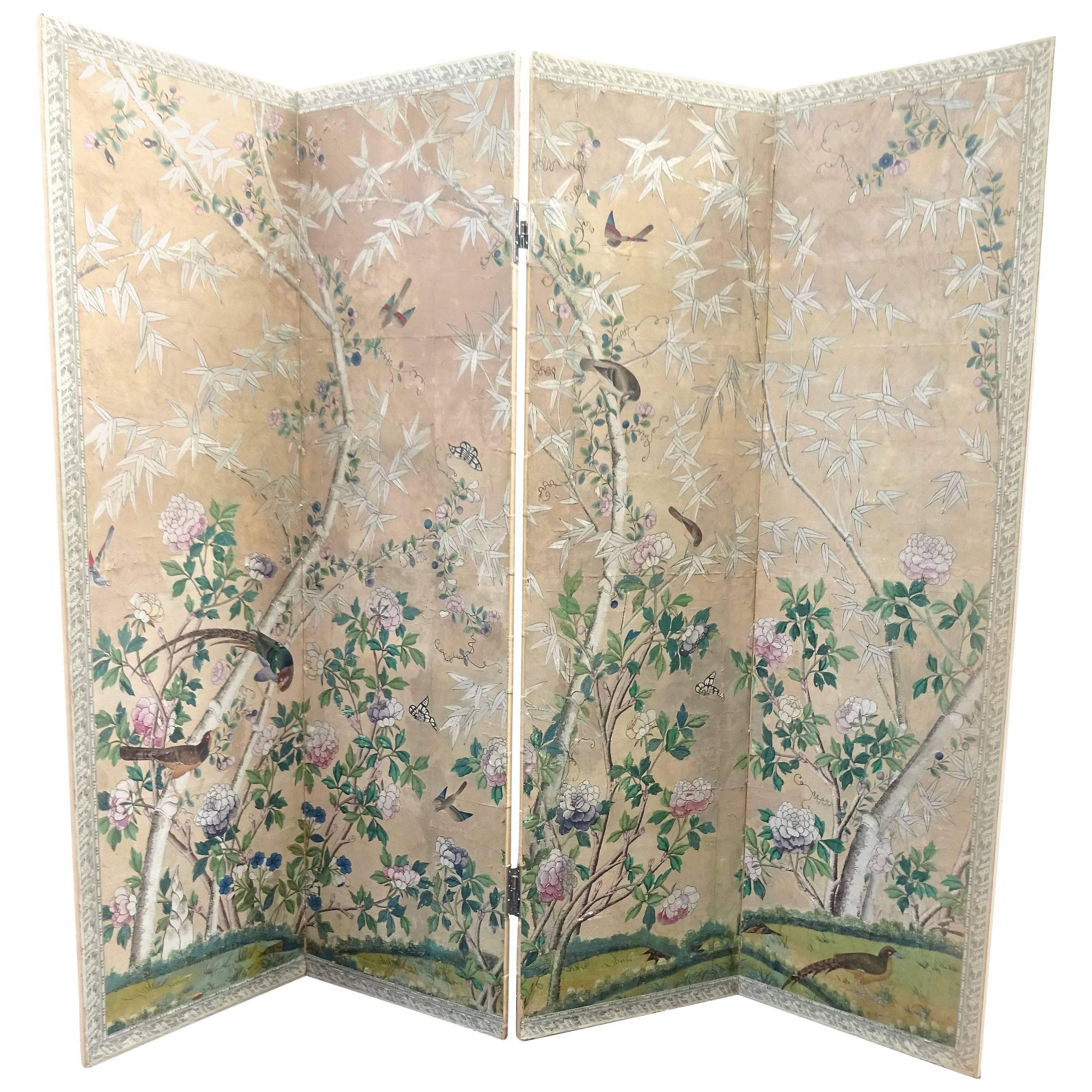 Rare Monumental 18th Century Chinese Painted Wallpaper Folding Screen