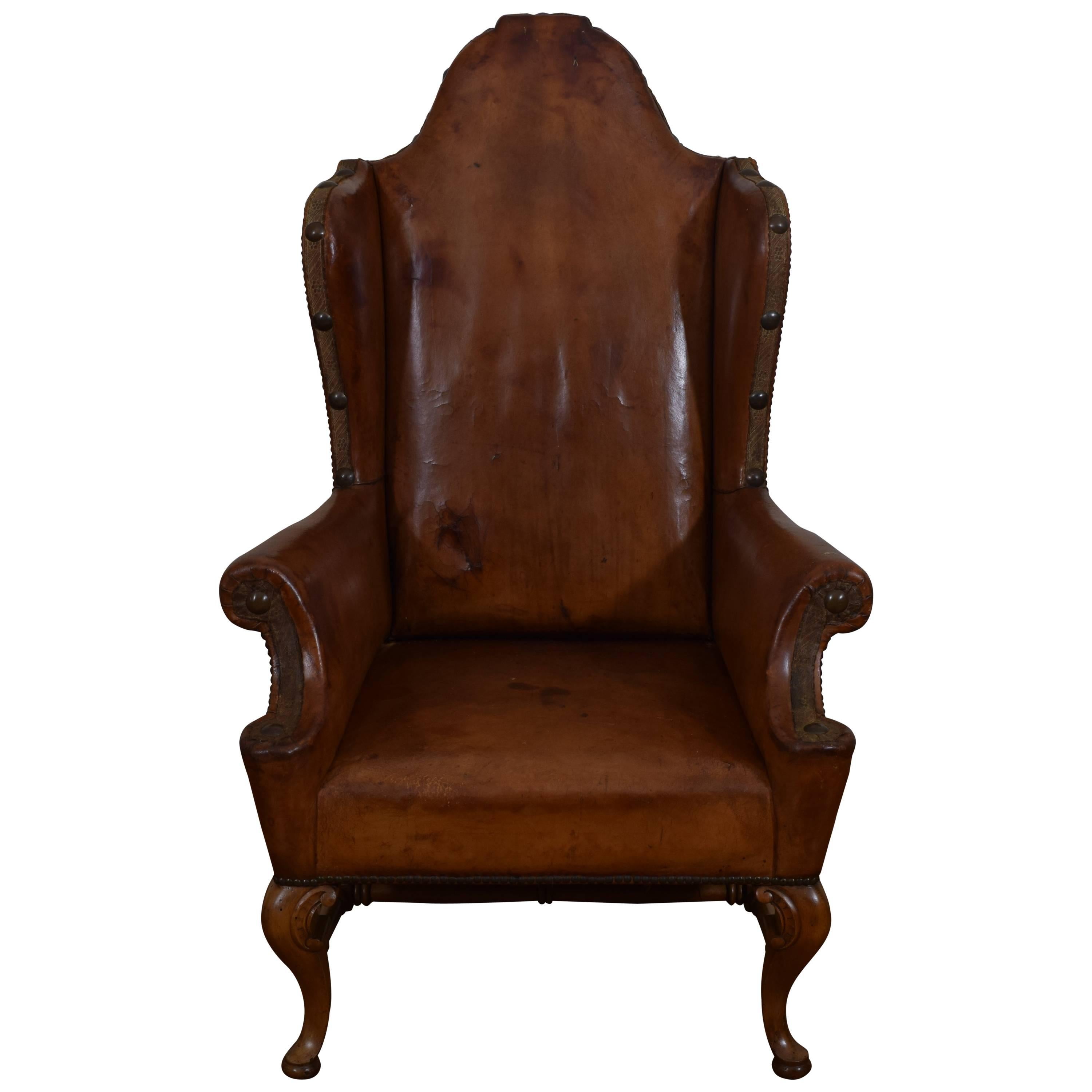 Spanish Baroque Style Walnut and Leather Upholstered Wing Chair, 19th Century