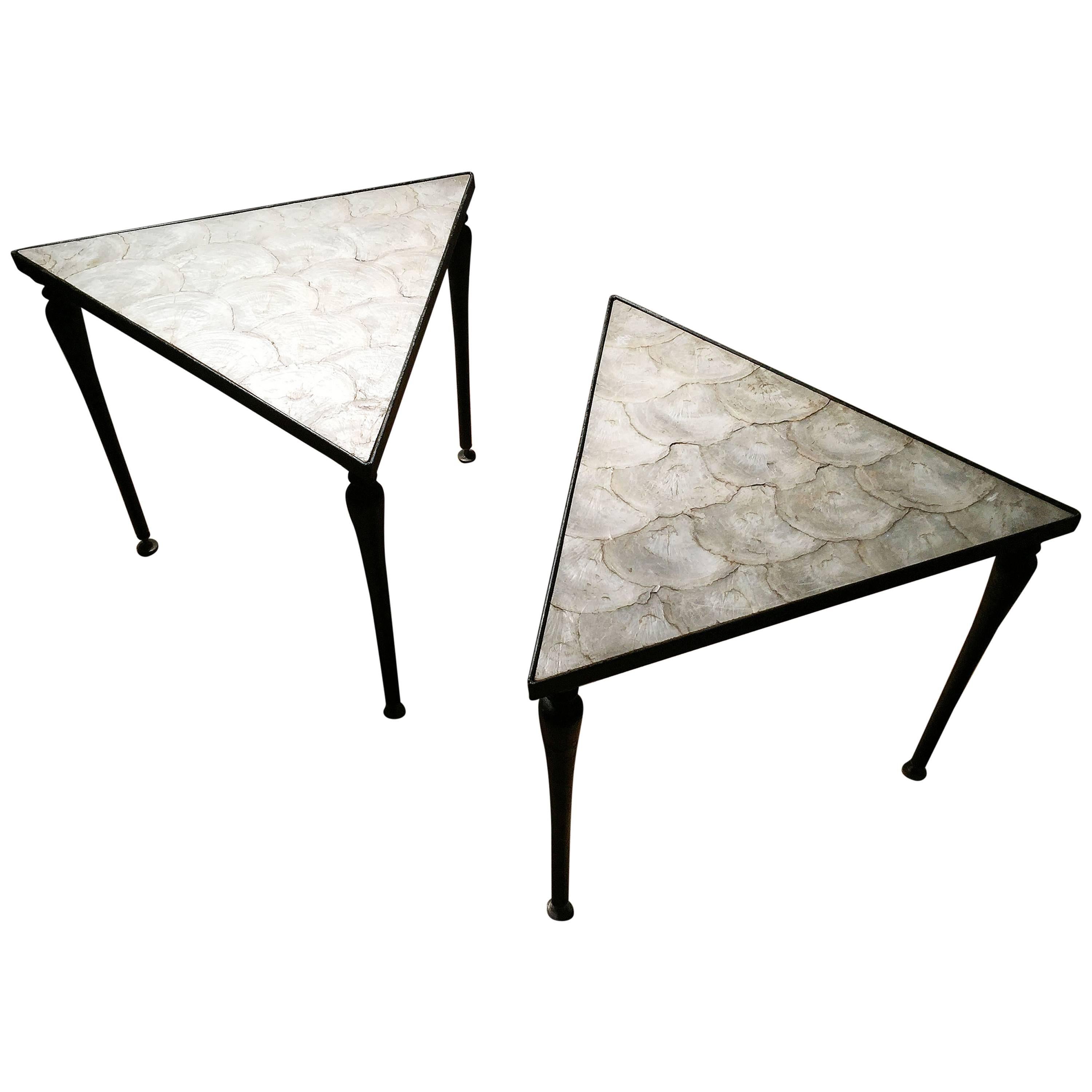 Vintage Designer iron & Capiz Shell Triangle Tables Hollywood regency