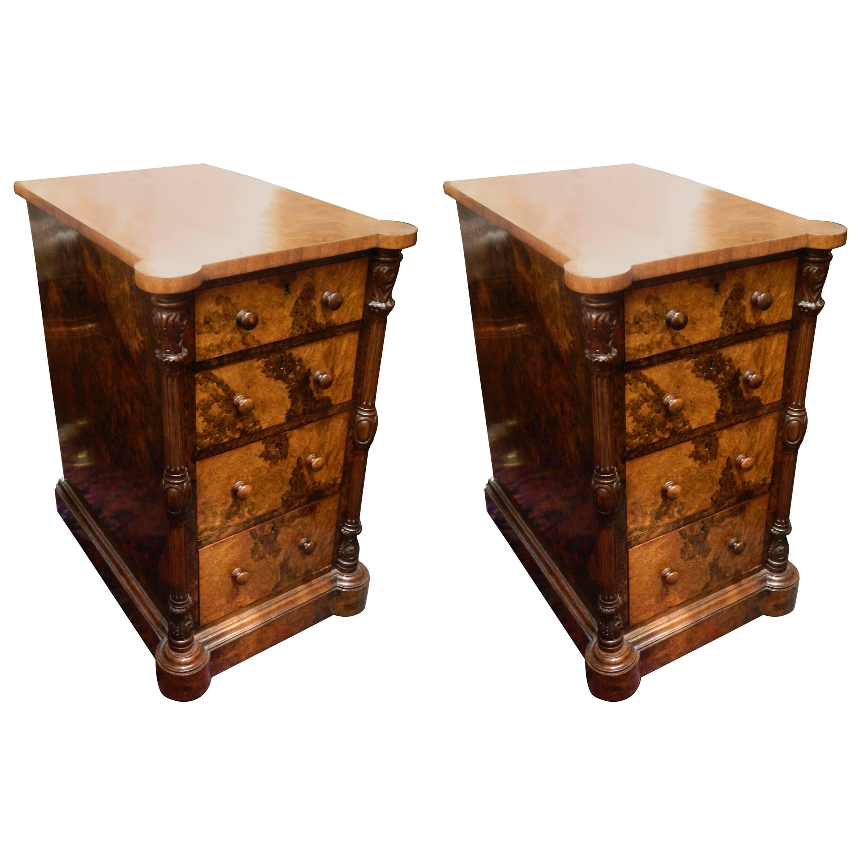 Pair of Burl Wood Nightstands on Casters, Early 20th Century