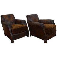 Pair French Late Art Deco Period Leather and Upholstered Club Chairs, circa 1930 4
