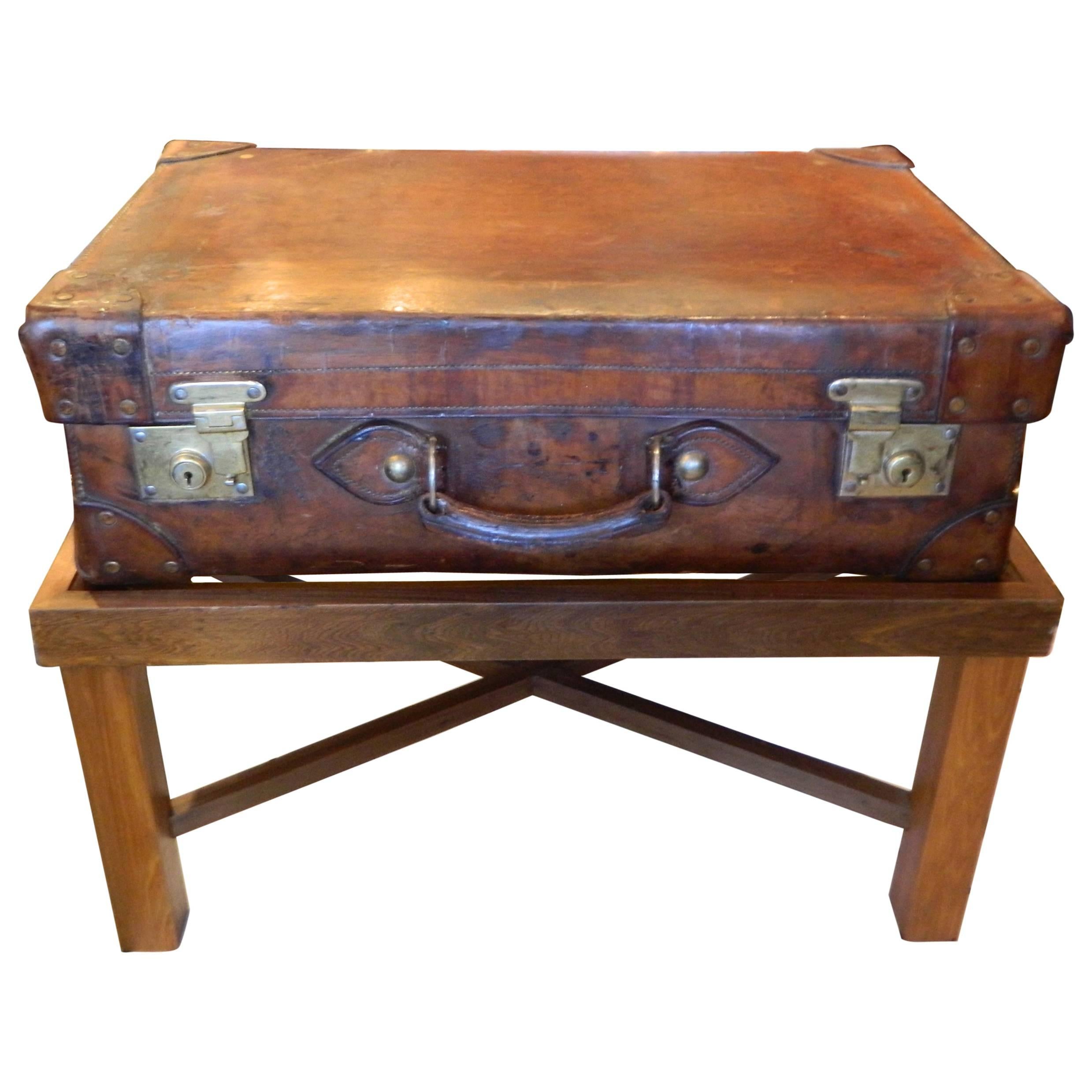 English Leather Suitcase Adapted as a Coffee Table on Later Stand, 19th Century For Sale