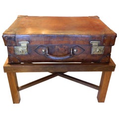 Antique English Leather Suitcase Adapted as a Coffee Table on Later Stand, 19th Century