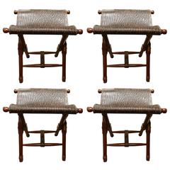 Set of Four Folding Stools with Leather Seats by Stiles Brothers, 20th Century