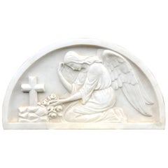 Early 1900 Fine Hand Crafted Marble Wall Plaque with Sculpture of Grieving Angel
