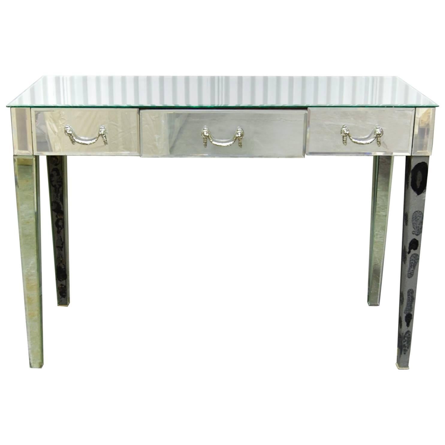 Mid-Century Mirrored Writing Table with Three Drawers For Sale