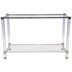 French Mid-Century Two-Tiered Console Table Signed Pierre Vandel with Glass Top