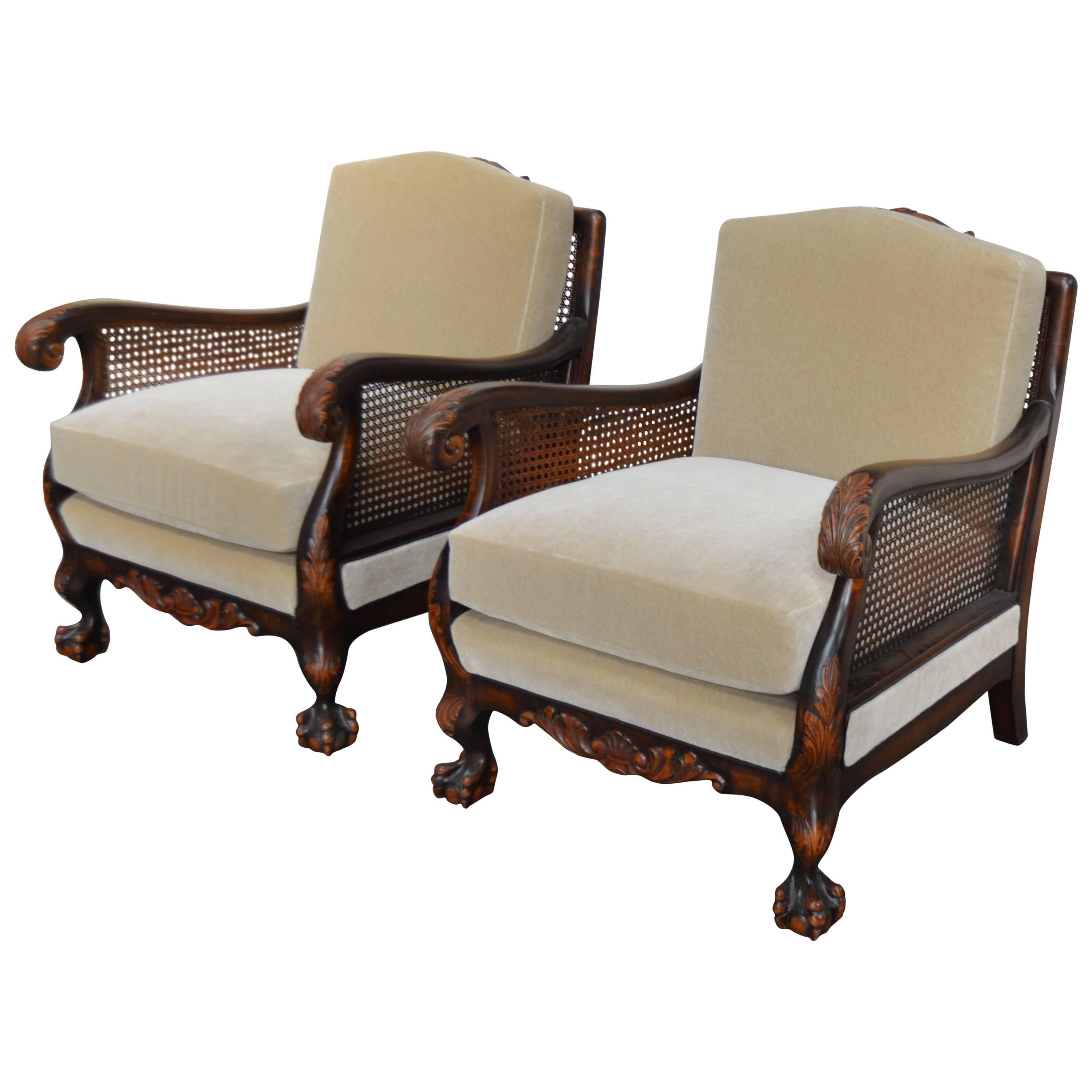 Pair of Swedish Neoclassical Caned Flame Birch Mohair Club Chairs