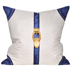 Large Blue Gold Vintage Gucci Silk Scarf, Irish Linen Cushion Pillow