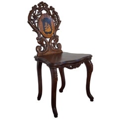 Antique Late 1800s Hand-Carved Black Forest Hall Chair / Sgabello with Marquetry Inlay