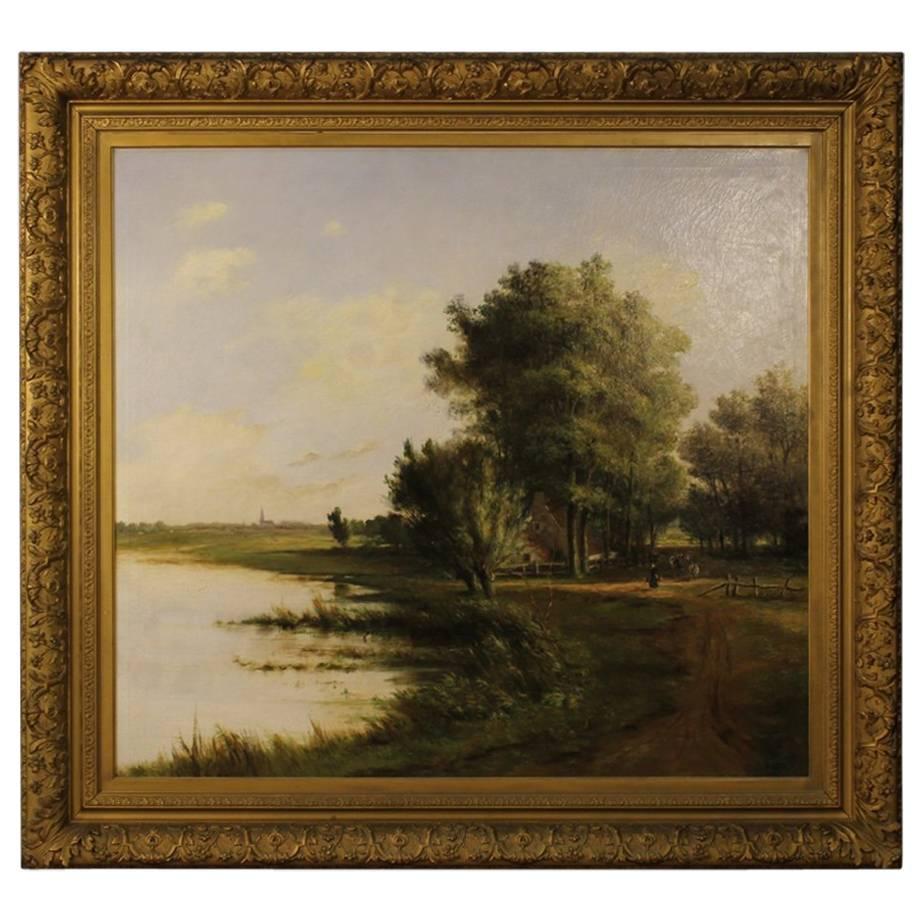 19th Century Flemish Signed Landscape Painting Oil On Canvas